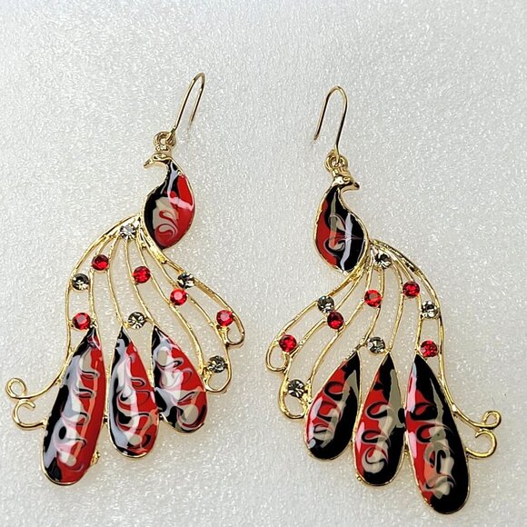 Peacock Chandelier Earrings Gold Red and Black Bird Earrings - Picture 1 of 7